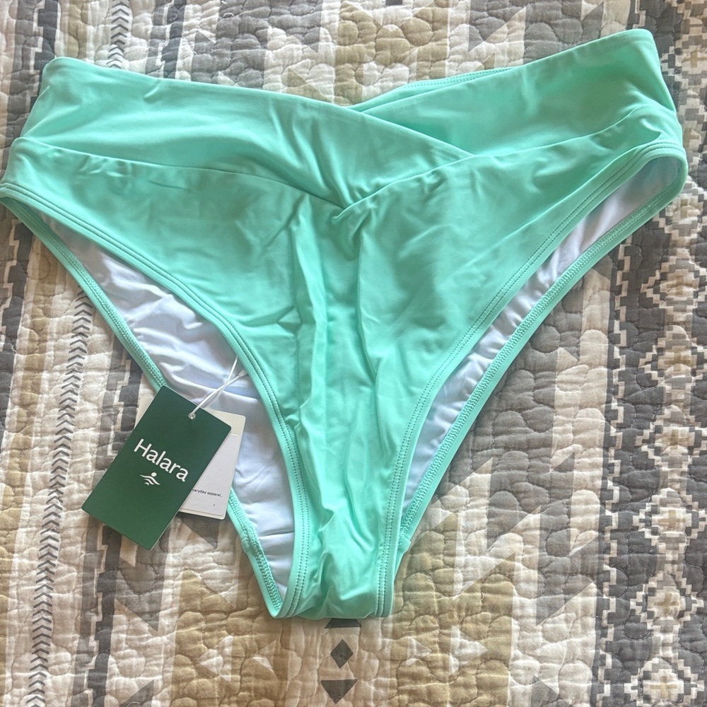 HALARA Light Green Blue High Waisted Crossover Cheeky Bikini Bottom BNWT XL